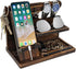 Phone Organizer Birthday Gifts for Men, Wood Docking Station, Nightstand Organizer for Desk, Brown