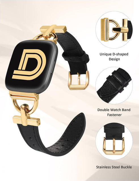 Wearlizer Leather Band for Fitbit Versa 2, Dressy Slim Leather Strap with D-Shape Metal Buckle for Versa/Versa