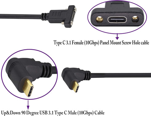 90 Degree USB 3.1 Type C Panel Mount Cable Gen 2 (1M/3ft) - Up&Down Angle, Supports Charging, Data, Audio, Video for