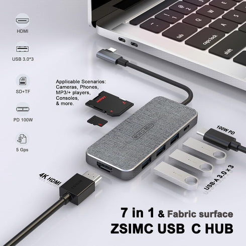 ZSIMC 7-in-1 4K 100W 3 3.0 6, USB C Hub, Docking Station Multiport Adapter with HDMI, Power Delivery, USB Ports, SD/TF
