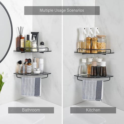 2 Pack Voldra Glass Corner Shower Caddy, Adhesive Corner Shower Shelves for Inside Shower No Drilling, Tempered Glass