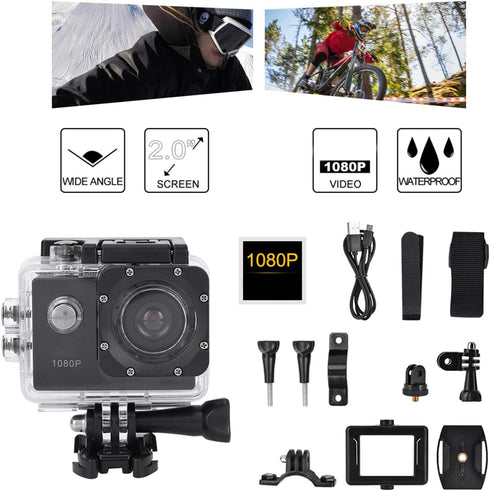 Action Camera 1080P 12MP Sports Camera, Full HD 2.0 Inch TFT LCD Screen with 30m Waterproof for Outdoor Sport/Vlog