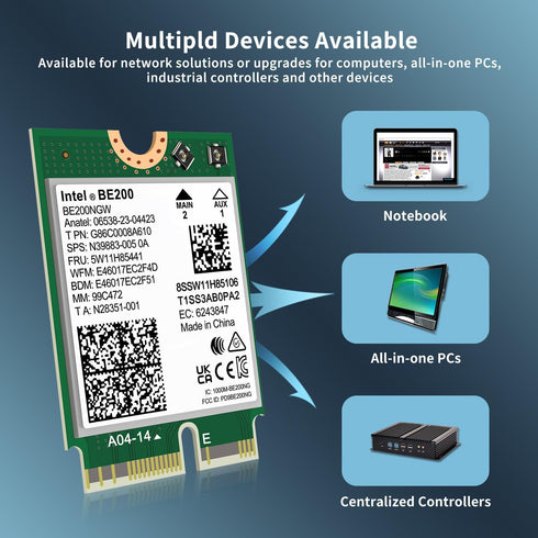 Intel BE200NGW WiFi 7 Wireless Card, Bluetooth 5.4, 5800Mbps M.2/NGFF Network for Windows 10/11, Linux Support