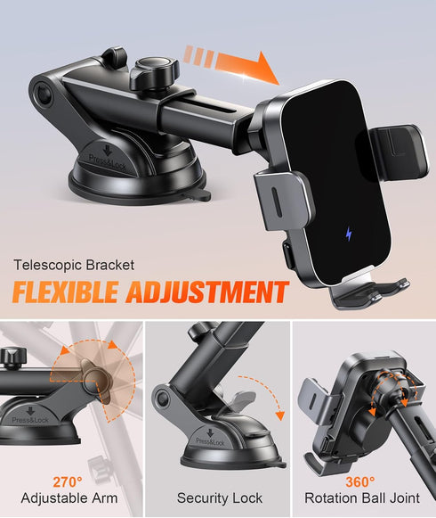 Wireless Car Charger Mount Auto Clamping, 15W Fast Charging Holder for iPhone 15 14 13 12 Pro Max