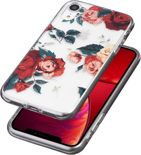 Flower Case for iPhone XR (6.1"), Floral Pattern Clear Slim Fit Ultra-Thin Girly Design, Shockproof Protective Hard PC Back with Soft TPU Bumper Phone Cover for Girls and Women | Red Roses