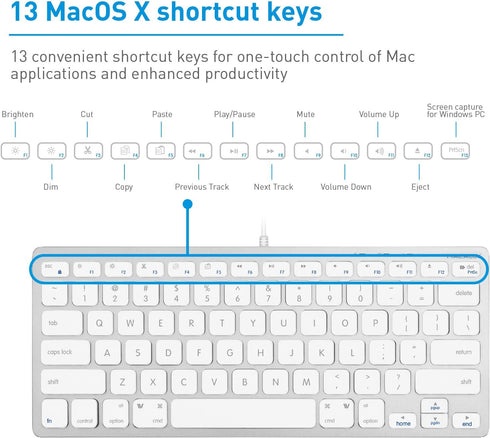 Macally Small Wired Keyboard for Mac & Windows - 78 Scissor Switch Keys, USB Mini Aluminum Keyboard