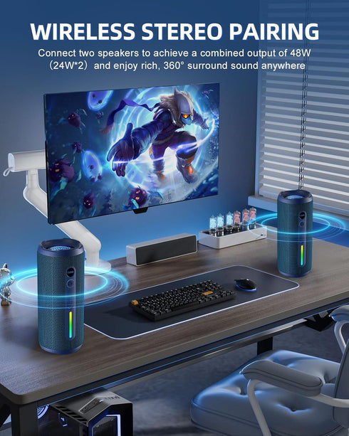 OHAYO Portable Bluetooth Speaker, 24W Stereo Sound, IPX7 Waterproof, Bluetooth 5.3, RGB Lights, 30H Playtime, Blue