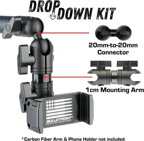 Bulletpoint Drop-Down Lower Phone Placement Kit 20mm-20mm Connector with 1cm Mounting Arm for Vehicle Phone Mounts