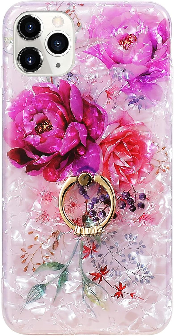 Qokey iPhone 11 Pro Max Case 6.5 inch, Cute Flower Design Clear Soft TPU with 360 Degree Rotating Ring Kickstand