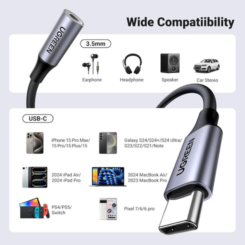 UGREEN USB C to 3.5mm Audio Adapter, Type C to Headphone Aux Jack Dongle, HiFi DAC Cable for iPhone 16