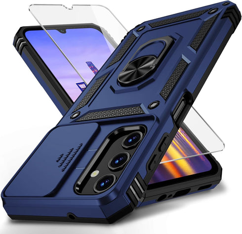 for Samsung Galaxy A15 5G Case with Slide Lens Cover, HD Screen Protector, Military Grade Drop Protection, Navy Blue