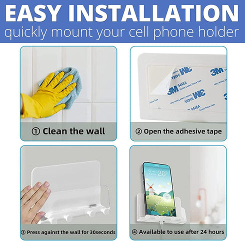 Clear Wall Mount Adhesive Phone Holder, Multi-Function Charging Brackets for Living Room, Kitchen, Bathroom, Office