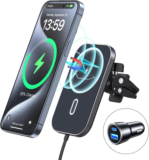 MagSafe Car Mount Charger with Adapter, Magnetic Wireless Charger for Car Vent, 360° Rotation, Compatible with iPhone