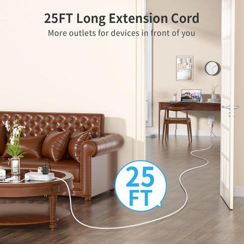 NTONPOWER 25 FT 2 Prong Extension Cord with 1080 Joules Surge Protector, 6 Outlets, 4 USB Ports, Flat Plug
