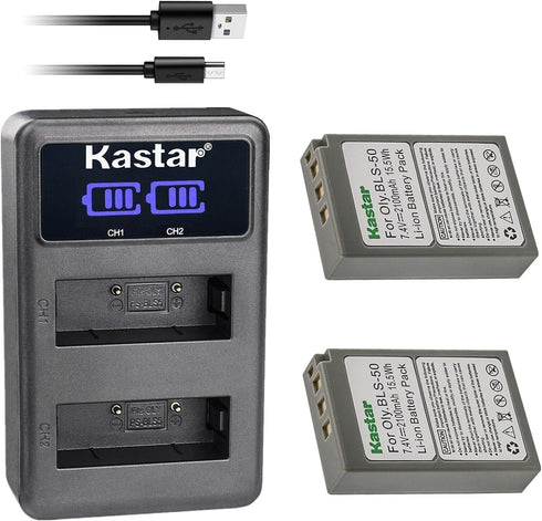 Kastar 2-Pack BLS-50 Battery and LED2 USB Charger Compatible with Olympus Pen E-P1, E-P2, E-P3, E-P7, E-PL1, E-PL1s,