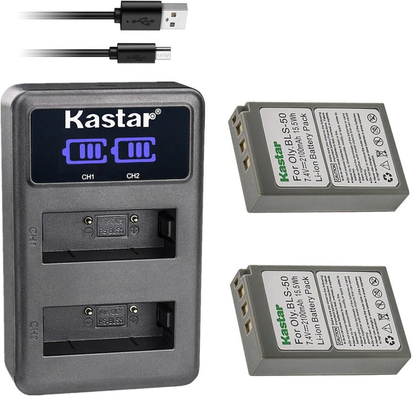 Kastar 2-Pack BLS-50 Battery and LED2 USB Charger Compatible with Olympus Pen E-P1, E-P2, E-P3, E-P7, E-PL1, E-PL1s,