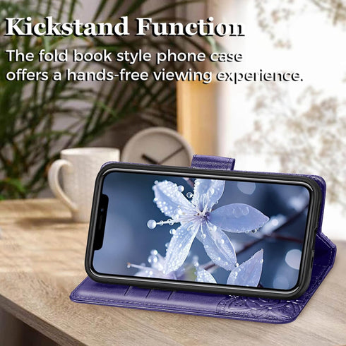 iPhone 12 Pro/iPhone 12 Wallet Case, Women Flip Folio Cover with Butterfly Embossed PU Leather, Purple