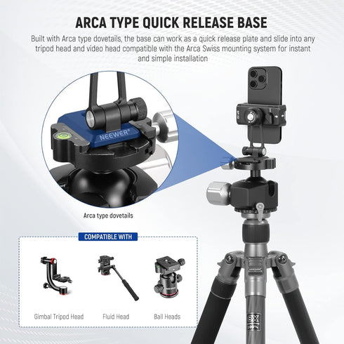 NEEWER Metal Phone Tripod Mount Adapter with Arca QR Base, Cold Shoe, 360° Swivel, Compatible with iPhone 15 Pro