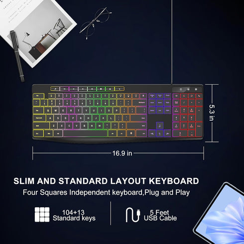 Wired Computer Keyboard, 7-Color Rainbow LED Backlit, Quiet Light Up Keyboard for Windows Mac PC Laptop