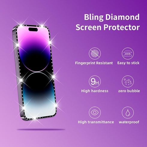 3 Pack Screen Protector with Diamonds for iPhone 15 Pro Max (6.7") Tempered Glass, Anti Scratch, Case Friendly
