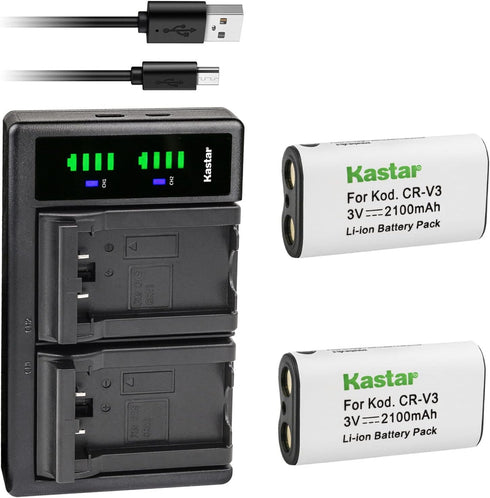 Kastar 2-Pack CR-V3 Battery and LTD2 USB Charger for Kodak EasyShare DX4530, DX4900, DX6340, Z650 ZOOM, Z1275 Camera