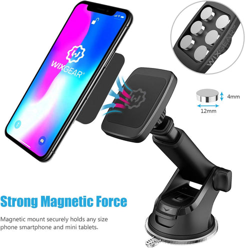 WixGear Magnetic Car Phone Mount, Universal Holder for Windshield & Dashboard with Long Telescopic Arm