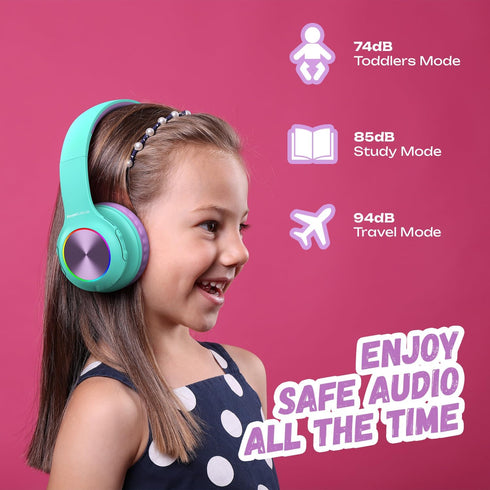 PowerLocus PLED Kids Bluetooth Headphones, Kids Wireless Headphones with LED Lights, 74/85/94dB Safe Volume, Micro SD, AUX Cable, Hi-Fi Stereo, Built-in Mic Over Ear Kids Headphones for Travel/Tablet