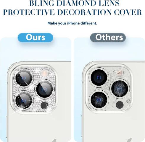 Goton Camera Lens Protector for iPhone 15 Pro Max & 15 Pro - Bling Glitter Diamond Metal, Tempered Glass, Silver.