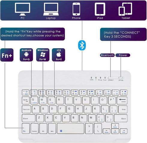 DETUOSI Universal 7-8 inch Wireless Keyboard, Multi-Device Travel Portable Ultrathin (6mm) Lightweight Wireless Keyboard for iOS/Android/Windows Tablet, Computer and Phone #White