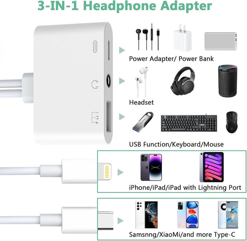 Lightning + USB C to Aux Audio Headphone Jack Adapter,Multi USB OTG Camera Adapter+3.5mm Earphone Jack+Type-C Earphone/Charge Port,Phone Splitter for iPhone 15/14/13,Samsung,iPad,Huawei,Flash Drive