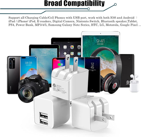 12W USB Wall Charger with Foldable Plug, 3-Pack 2.4A Dual-Port Power Adapter Compatible with iPad, iPhone, Samsung