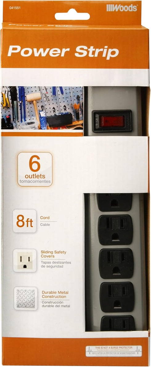 Woods 41551 6-Outlet Metal Power Strip with 8-Foot Cord, Light Grey