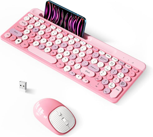 XISOGUU Retro Wireless Keyboard with Round Keycaps, 2.4GHz Full-Size USB Cute Wireless Keyboard