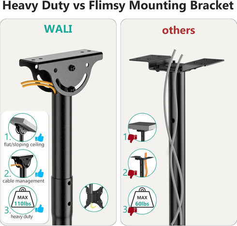 WALI TV Ceiling Mount Adjustable Bracket for 26 to 65 Inch Displays, Up to 110 Lbs, Mounting Holes 400x400mm