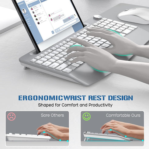 JOYACCESS Ergonomic Wireless Keyboard and Mouse Combo - Full-Sized with Wrist Rest, Silver