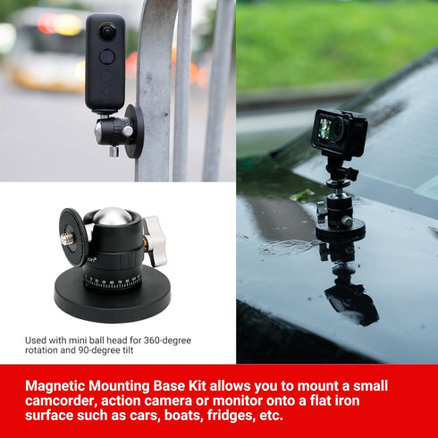 PROfezzion Magnetic Mount Base Stand Kit with Deluxe Ball Head for GoPro Hero, DJI Osmo, AKASO, Insta360 Action Cameras