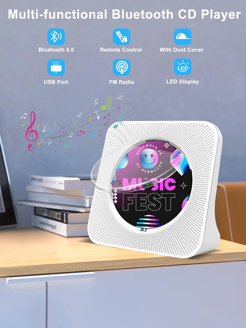 Jimwey Portable CD Player with Bluetooth, HiFi Speakers, FM Radio, Remote Control, LED Display, Supports