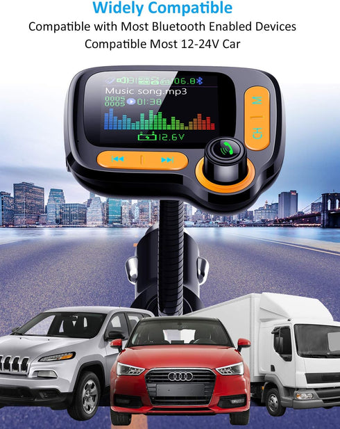 Bluetooth FM Transmitter Car Adapter, Wireless Handsfree Call, MP3 Music Play, 1.8" Color Screen, 3 USB Charger