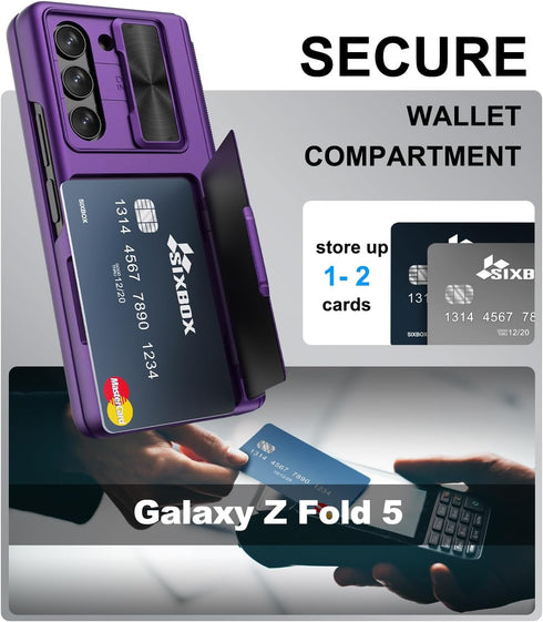 Galaxy Z Fold 5 Case - Card Holder & Kickstand & Hinge Protection & Sliding Lens Cover, Built-in Screen Protector,