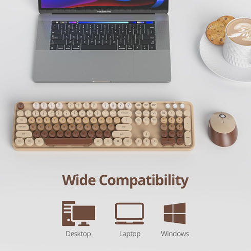 GTSP Retro Wireless Typewriter Keyboard and Mouse Combo, 2.4GHz Full-Size Cute Office Computer Keyboard with Round