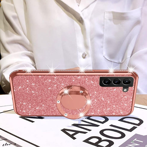 Samsung Galaxy S21 FE Case for Women, Cute Glitter Luxury TPU Silicone Slim Phone Case with Bling Diamond Ring Stand -