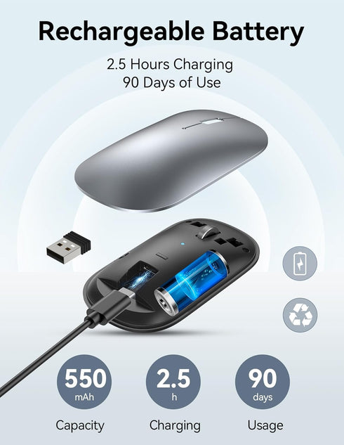 TECKNET Wireless Mouse, BT5.0/3.0 2.4GHz Silent Computer Mouse with USB Receiver, 4000DPI Rechargeable for