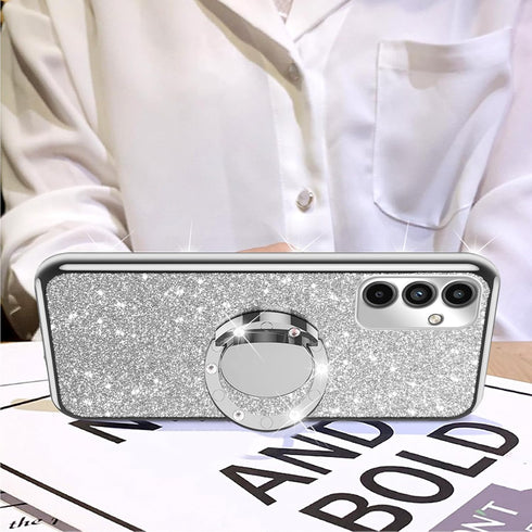 nancheng Galaxy A15 5G Case, Shockproof Protection with Ring Kickstand Lanyard, Cute Soft TPU Glitter Cover for Girls