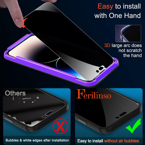 Ferilinso 3 Pack Privacy Screen Protector for iPhone 14 Pro - 9H Tempered Glass, Anti-Spy, Case Friendly, Lens