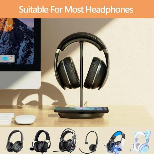 Headphone Stand with Wireless Charger, 2 in 1 Gaming Headset Holder Dock for iPhone 15/14/13/12/11, Samsung, AirPods