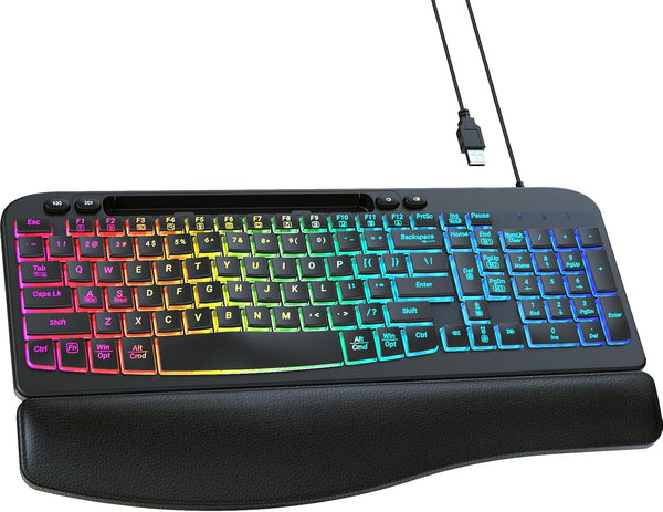 VEILZOR Wired Ergonomic Keyboard, 7-Color Backlit USB Computer Keyboard with Wrist Rest, Wave