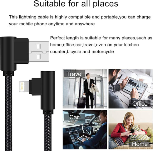 MFi Certified iPhone Charger 3 Pack - 3ft Right Angle Nylon Braided Lightning Cable for iPhone 13, 12, 11, Pro, X, XS,