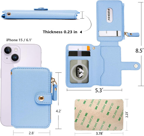M-Plateau RFID Blocking Phone Wallet Stick on Leather, Card Holder for Phone case Stick on Attachable Credit Card Holder for Phone (Compatible with Most Smartphones) (Sky Blue)