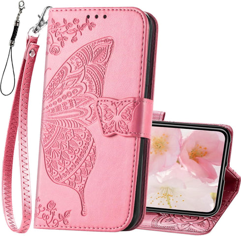 Women Flip Folio Cover for iPhone 11 Wallet Case, Butterfly Embossed PU Leather with Credit Card Holder Slots, Magnetic