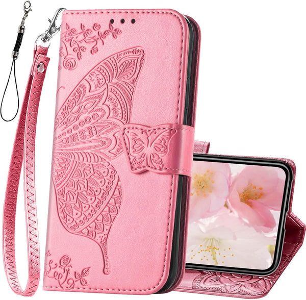 Women Flip Folio Cover for iPhone 11 Wallet Case, Butterfly Embossed PU Leather with Credit Card Holder Slots, Magnetic